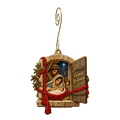 O717 — Scarlet Window of Grace wooden Nativity ornament with gold spiral hook