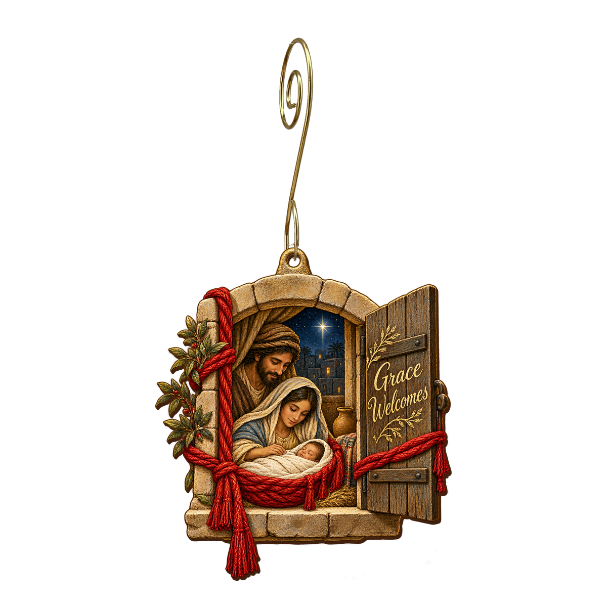 O717 — Scarlet Window of Grace wooden Nativity ornament with gold spiral hook