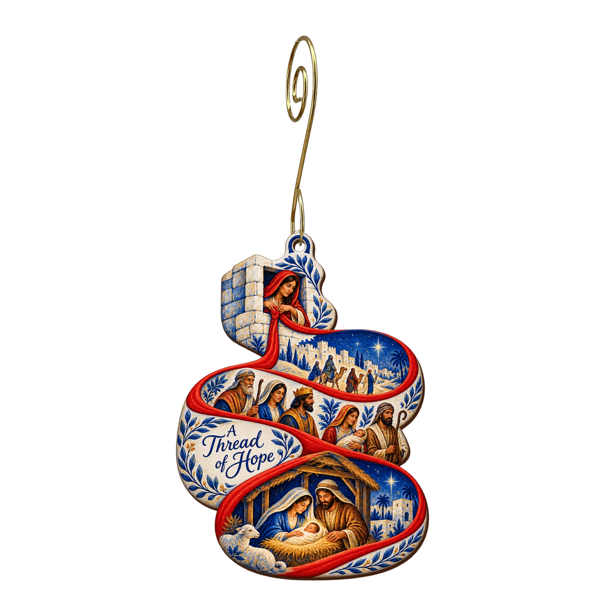 O718 — The Cord Becomes a Road wooden Nativity ornament with gold spiral hook