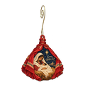 O719 — Scarlet Tassel Shelter wooden Nativity ornament with gold spiral hook
