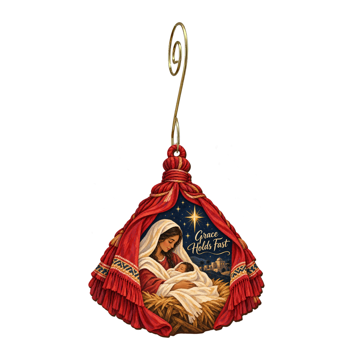 O719 — Scarlet Tassel Shelter wooden Nativity ornament with gold spiral hook