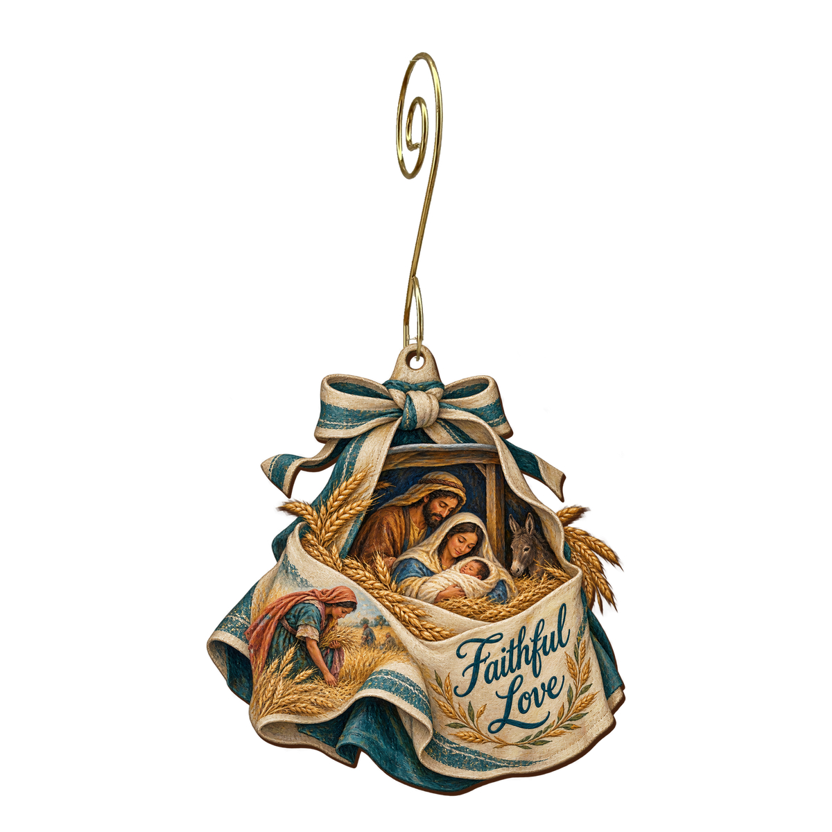 O720 — Ruth's Gathering Apron wooden Nativity ornament with gold spiral hook