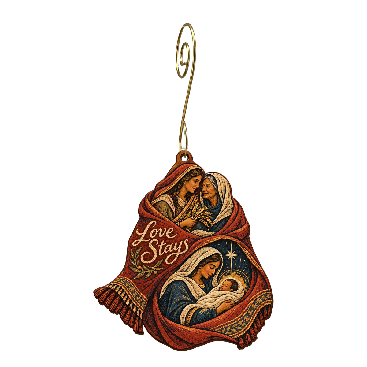 O721 — The Cloak of Belonging wooden Nativity ornament with gold spiral hook