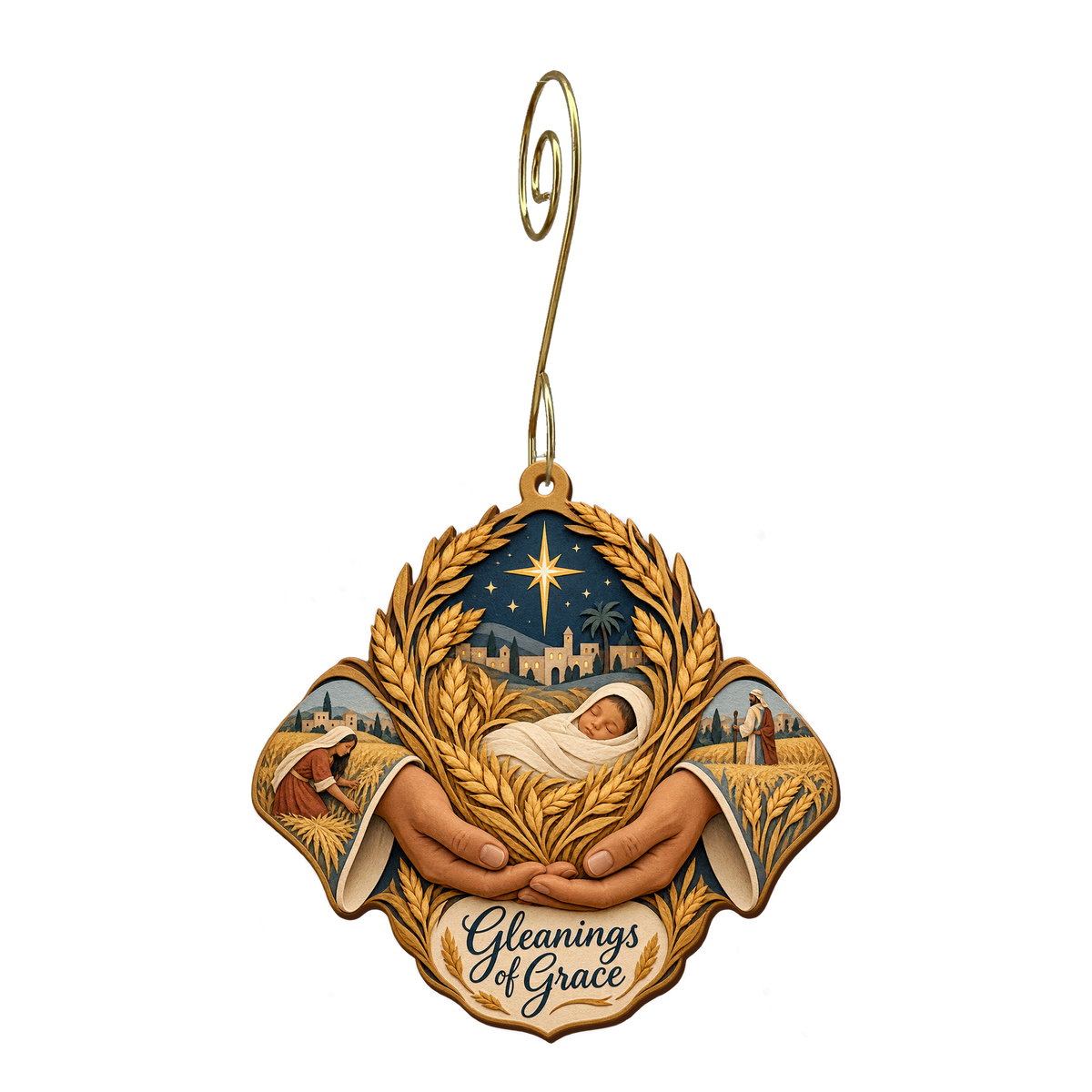 O722 — Barley in Two Hands wooden Nativity ornament with gold spiral hook