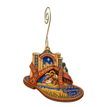 O723 — The Sandal of Redemption wooden Nativity ornament with gold spiral hook