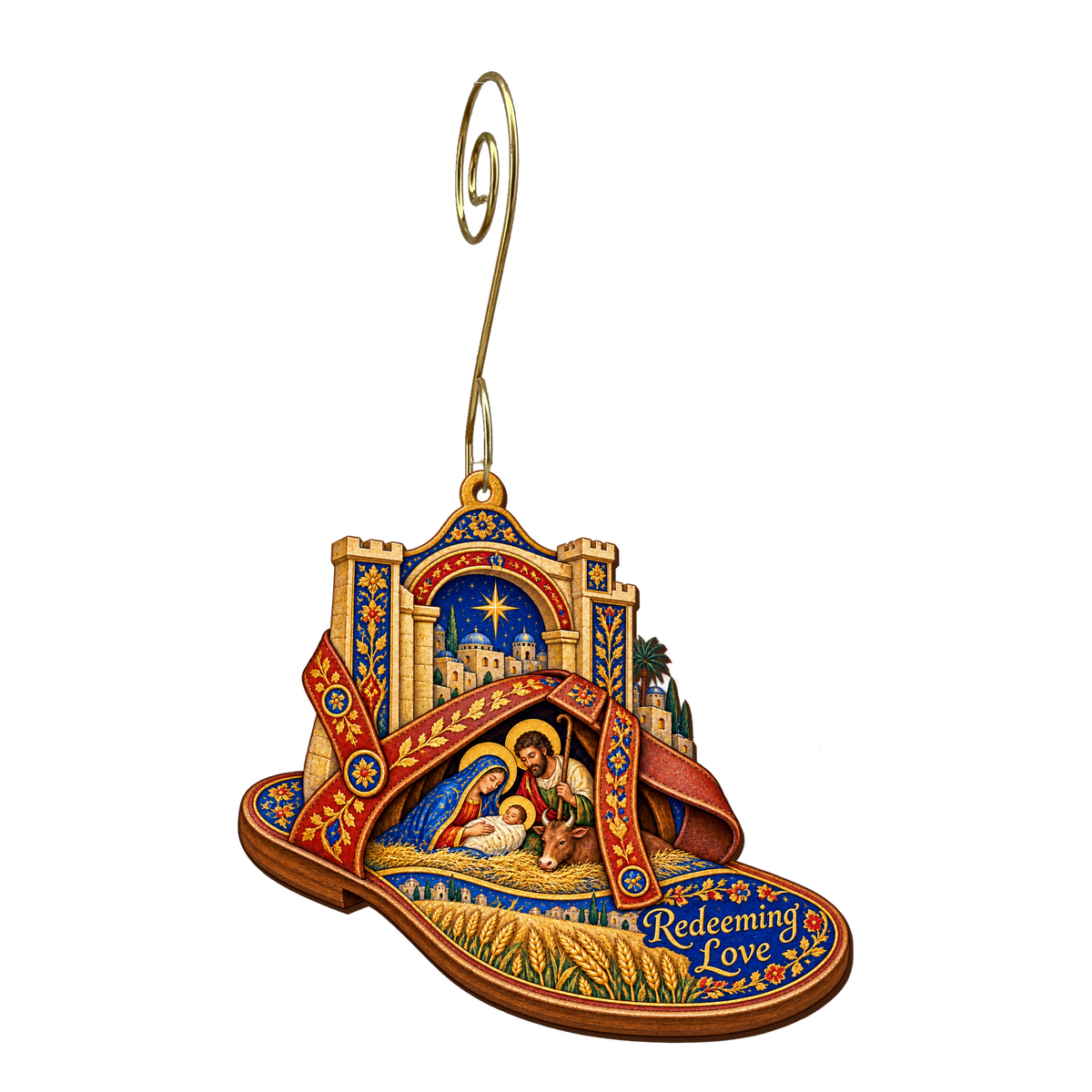 O723 — The Sandal of Redemption wooden Nativity ornament with gold spiral hook