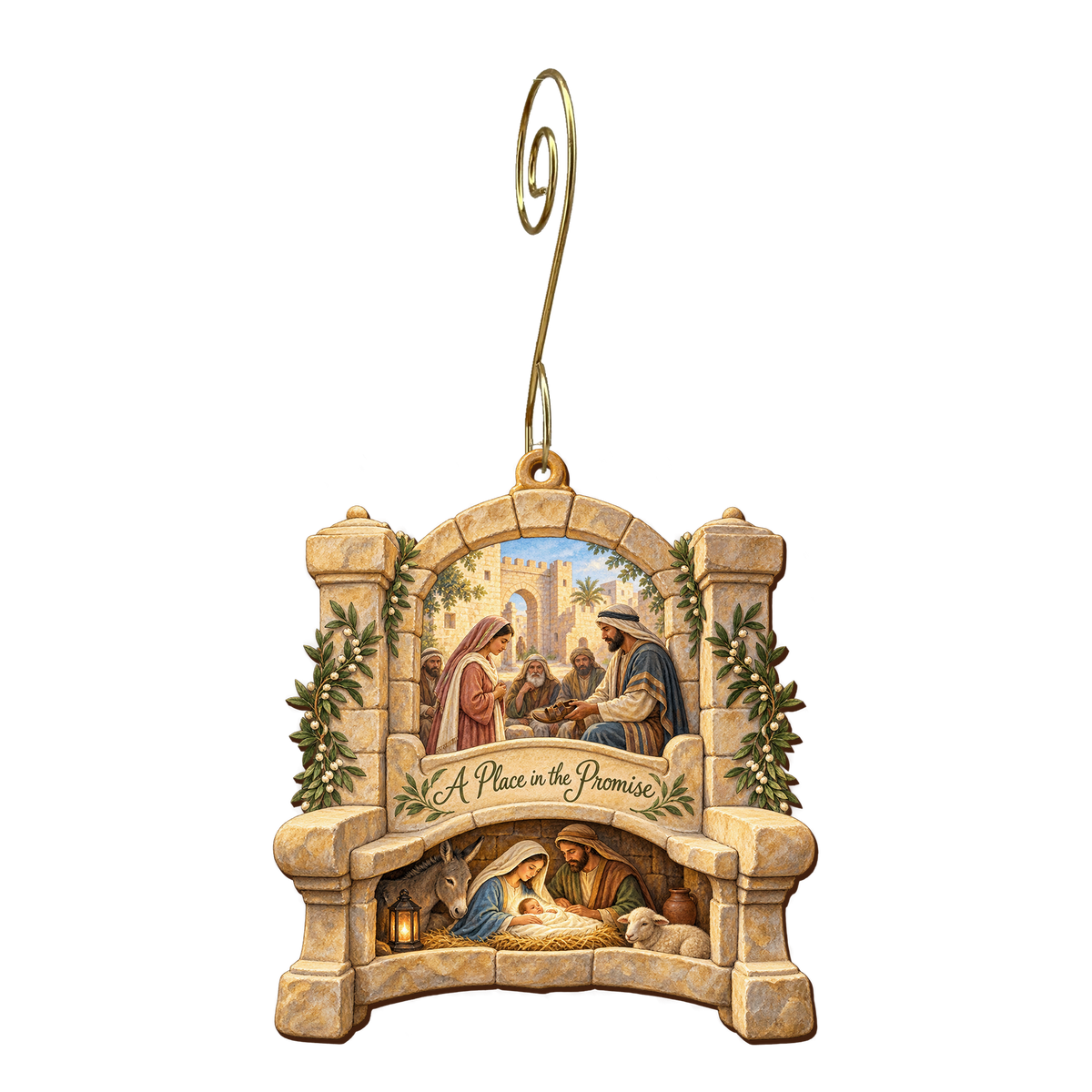 O724 — The Gate's Open Seat wooden Nativity ornament with gold spiral hook