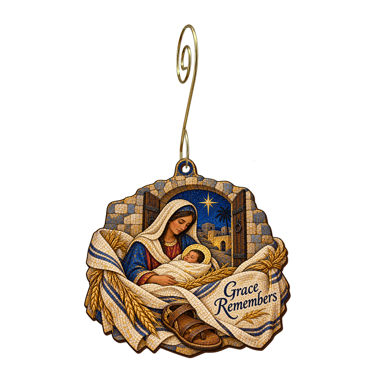 O725 — The Witness Stone wooden Nativity ornament with gold spiral hook