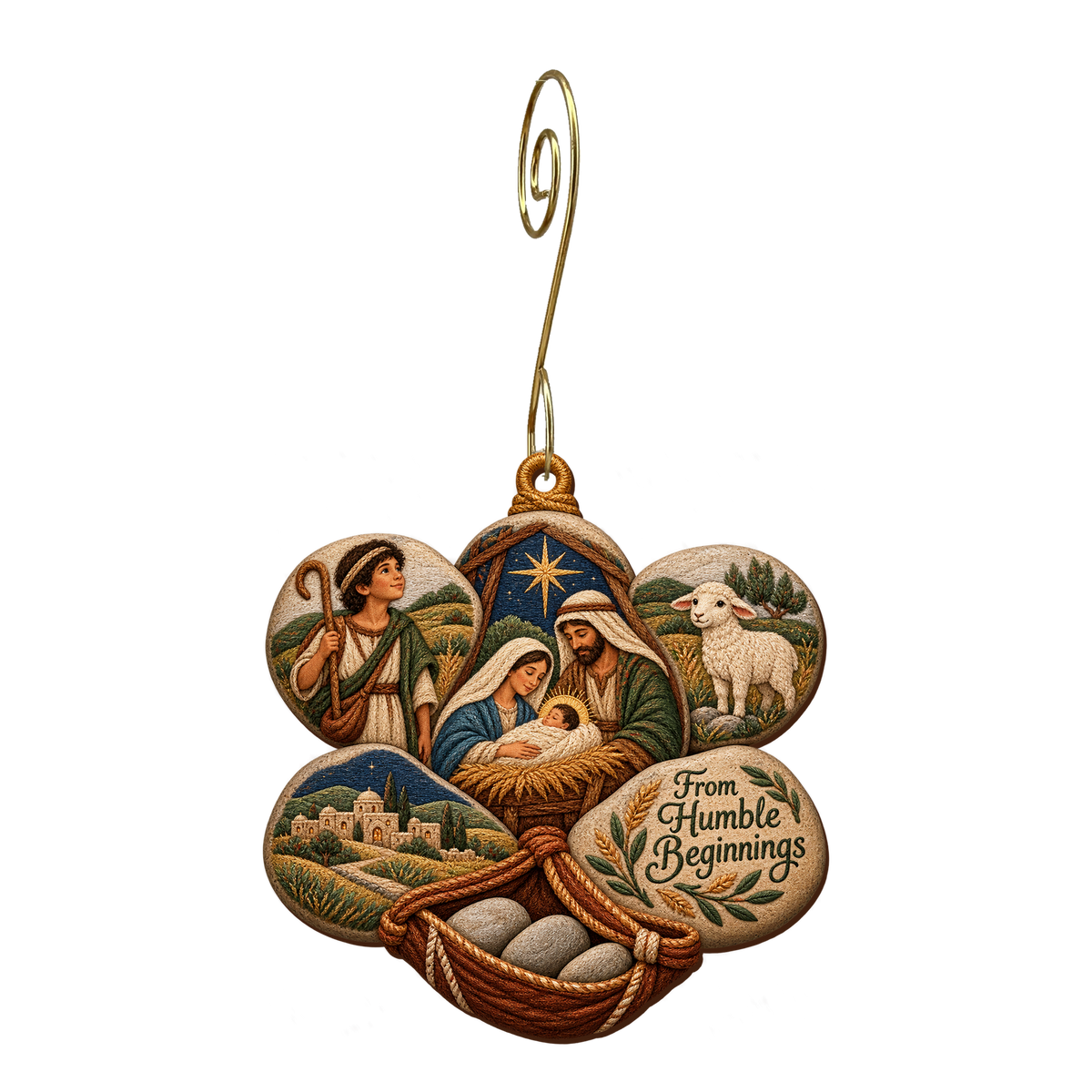 O726 — Five Smooth Stones wooden Nativity ornament with gold spiral hook