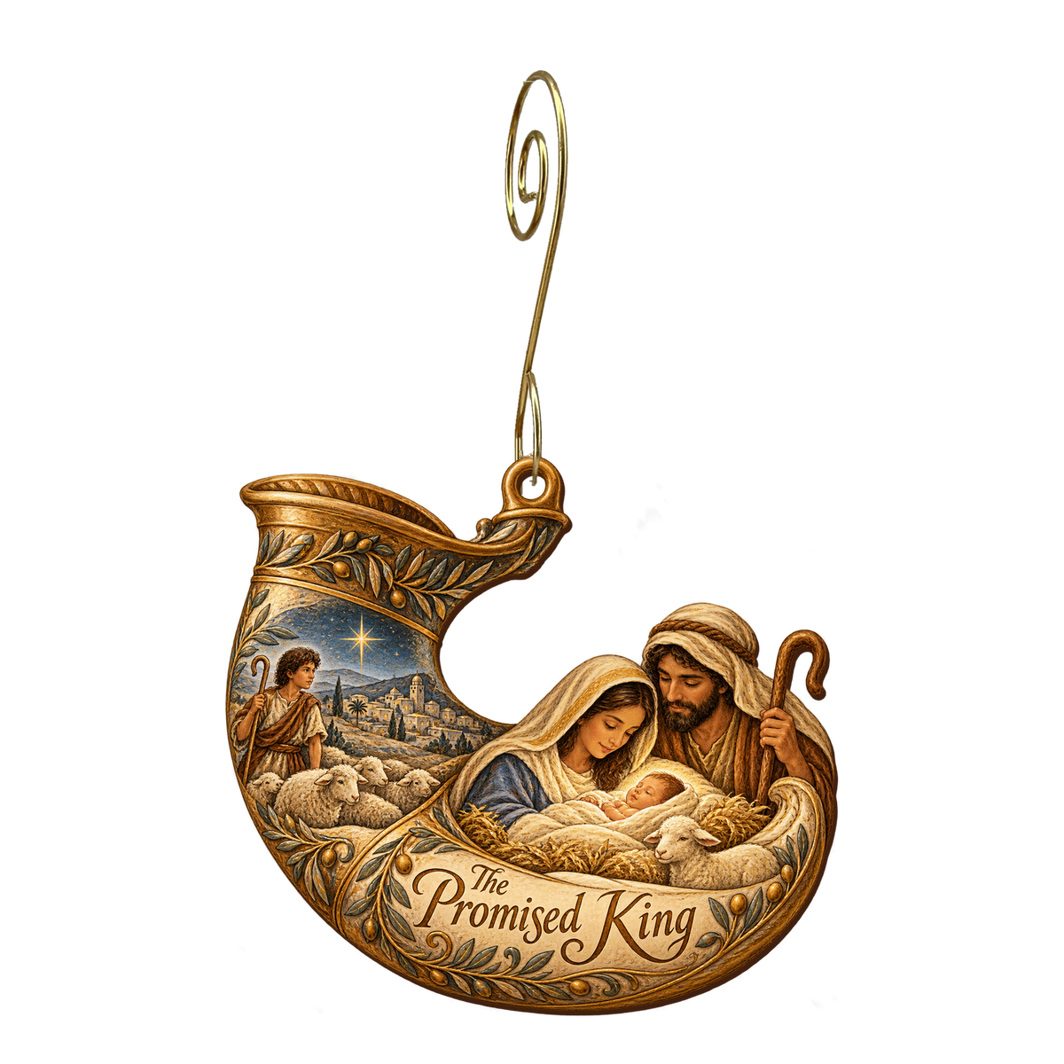 O727 — The Shepherd's Oil Horn wooden Nativity ornament with gold spiral hook