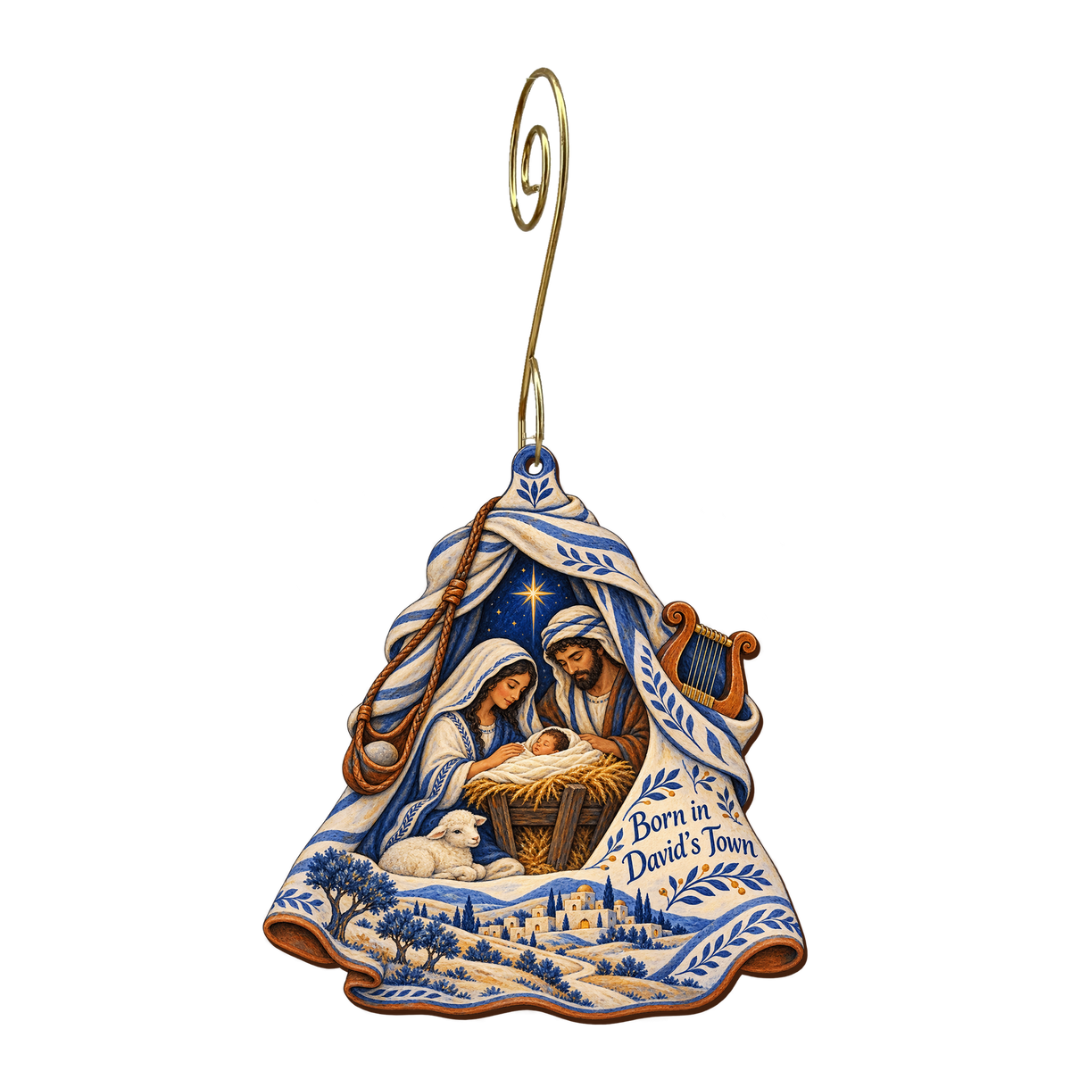 O728 — David's Field Cloak wooden Nativity ornament with gold spiral hook