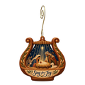 O729 — The Psaltery's Cradle wooden Nativity ornament with gold spiral hook
