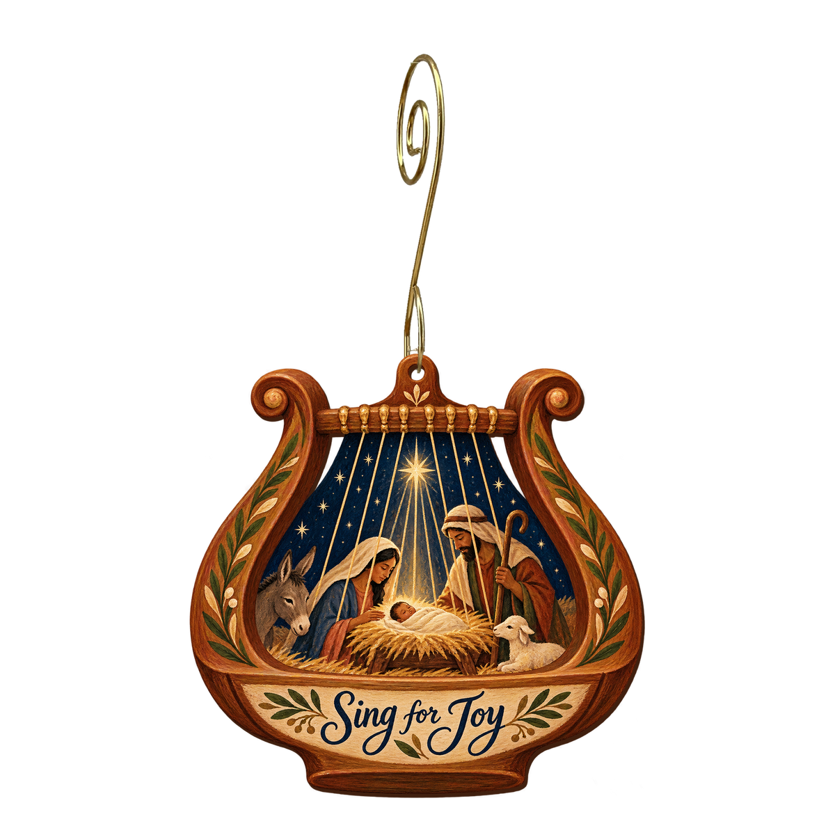 O729 — The Psaltery's Cradle wooden Nativity ornament with gold spiral hook