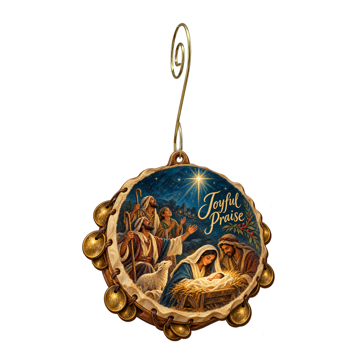O730 — Tambourine of the Shepherds wooden Nativity ornament with gold spiral hook