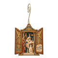 O731 — Cedar Door of Consolation wooden Nativity ornament with gold spiral hook