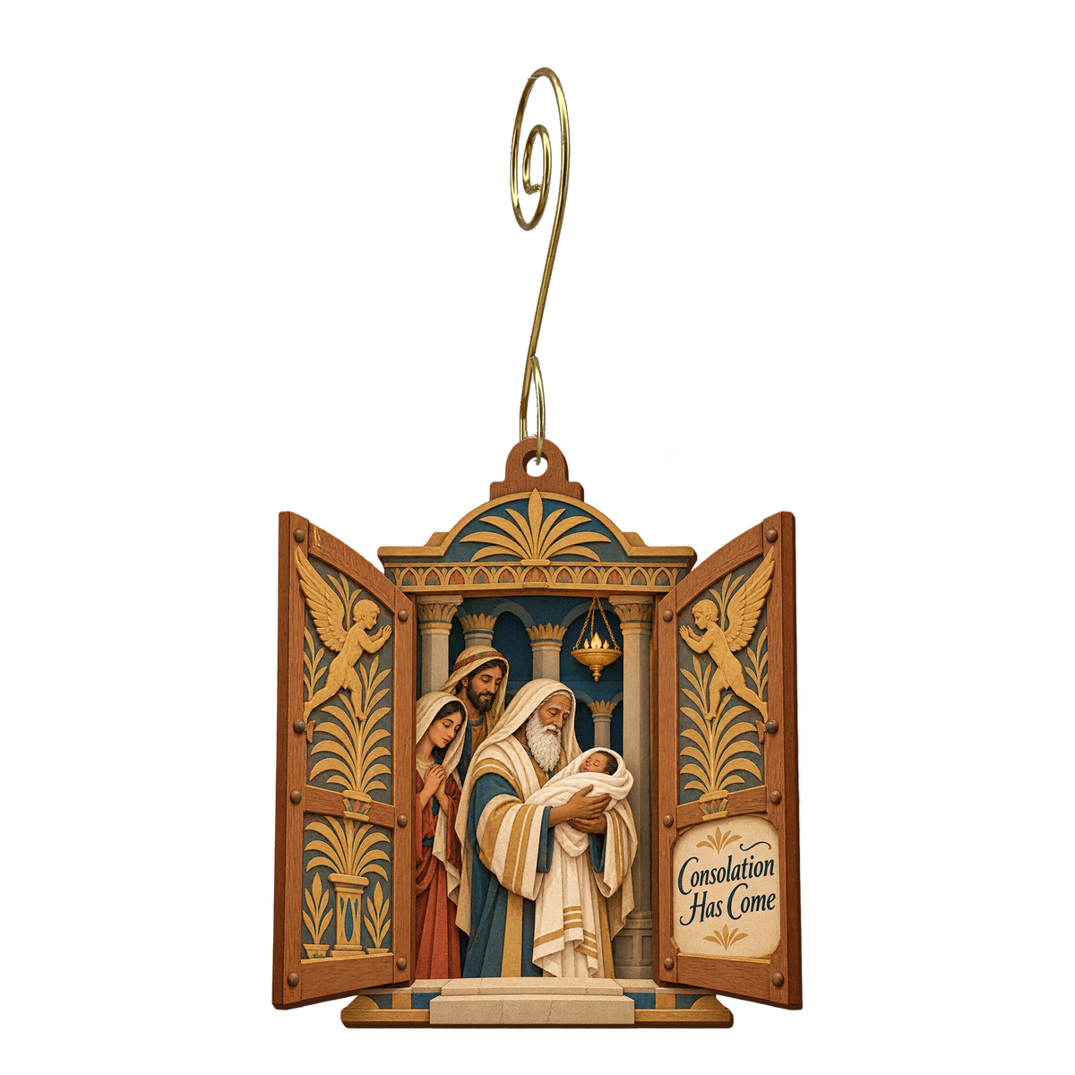 O731 — Cedar Door of Consolation wooden Nativity ornament with gold spiral hook