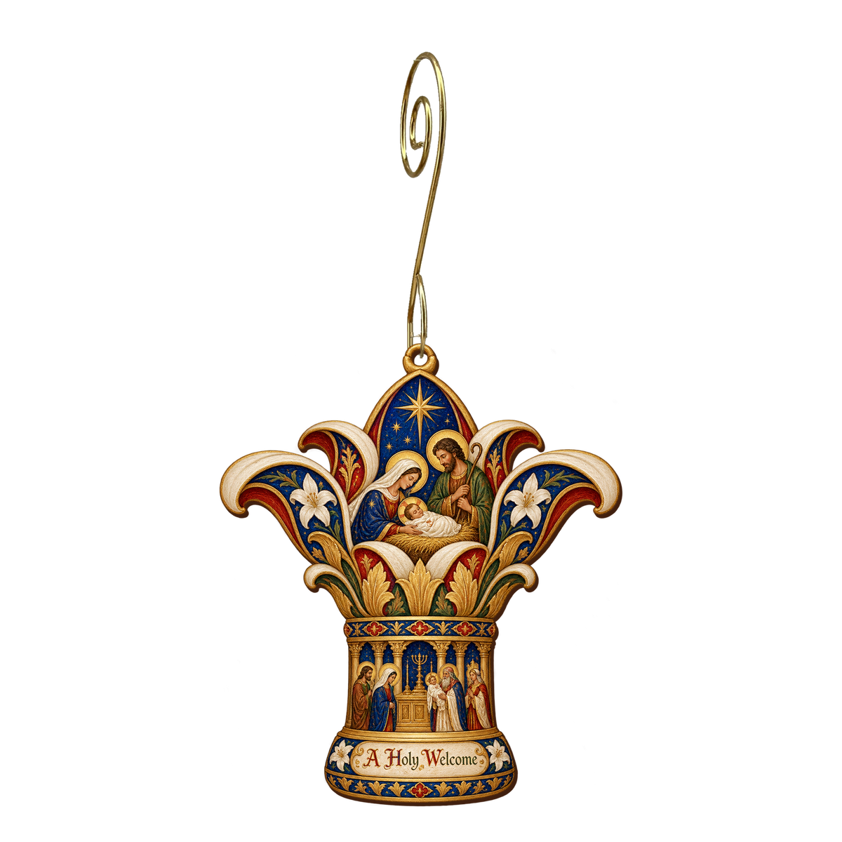 O732 — Lily Capital Cradle wooden Nativity ornament with gold spiral hook