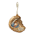 O733 — The Carved Cedar Wing wooden Nativity ornament with gold spiral hook