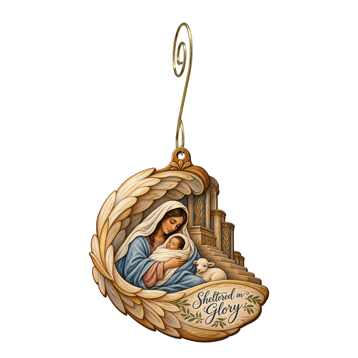 O733 — The Carved Cedar Wing wooden Nativity ornament with gold spiral hook