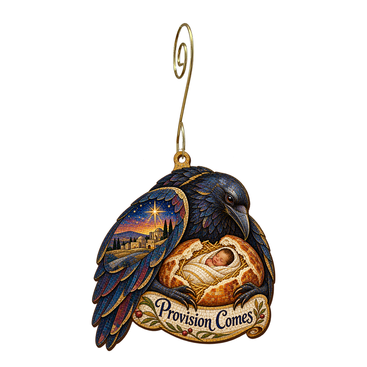 O734 — The Raven's Bread wooden Nativity ornament with gold spiral hook