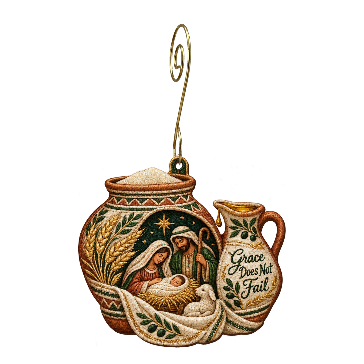 O735 — The Widow's Flour Jar wooden Nativity ornament with gold spiral hook