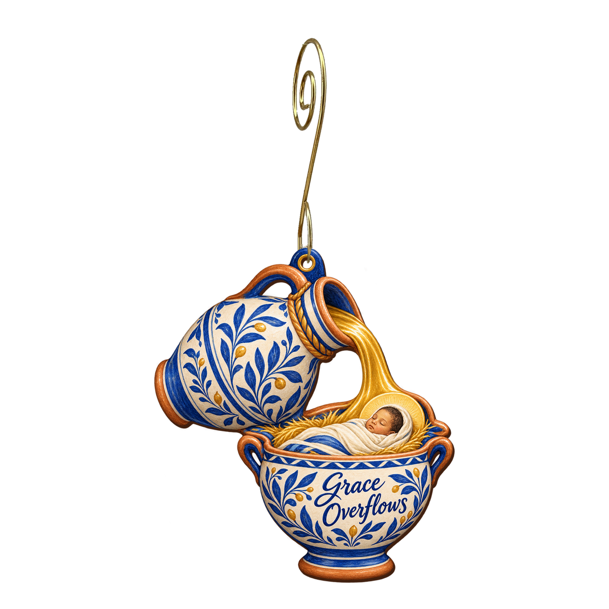 O736 — The Pouring Jar's Cradle wooden Nativity ornament with gold spiral hook