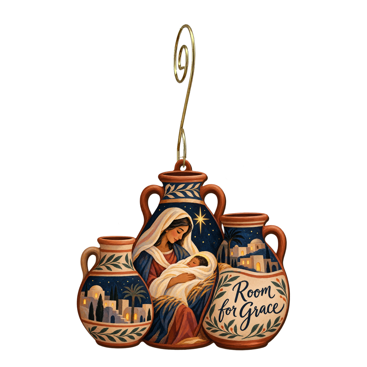 O737 — Empty Vessels Welcome wooden Nativity ornament with gold spiral hook