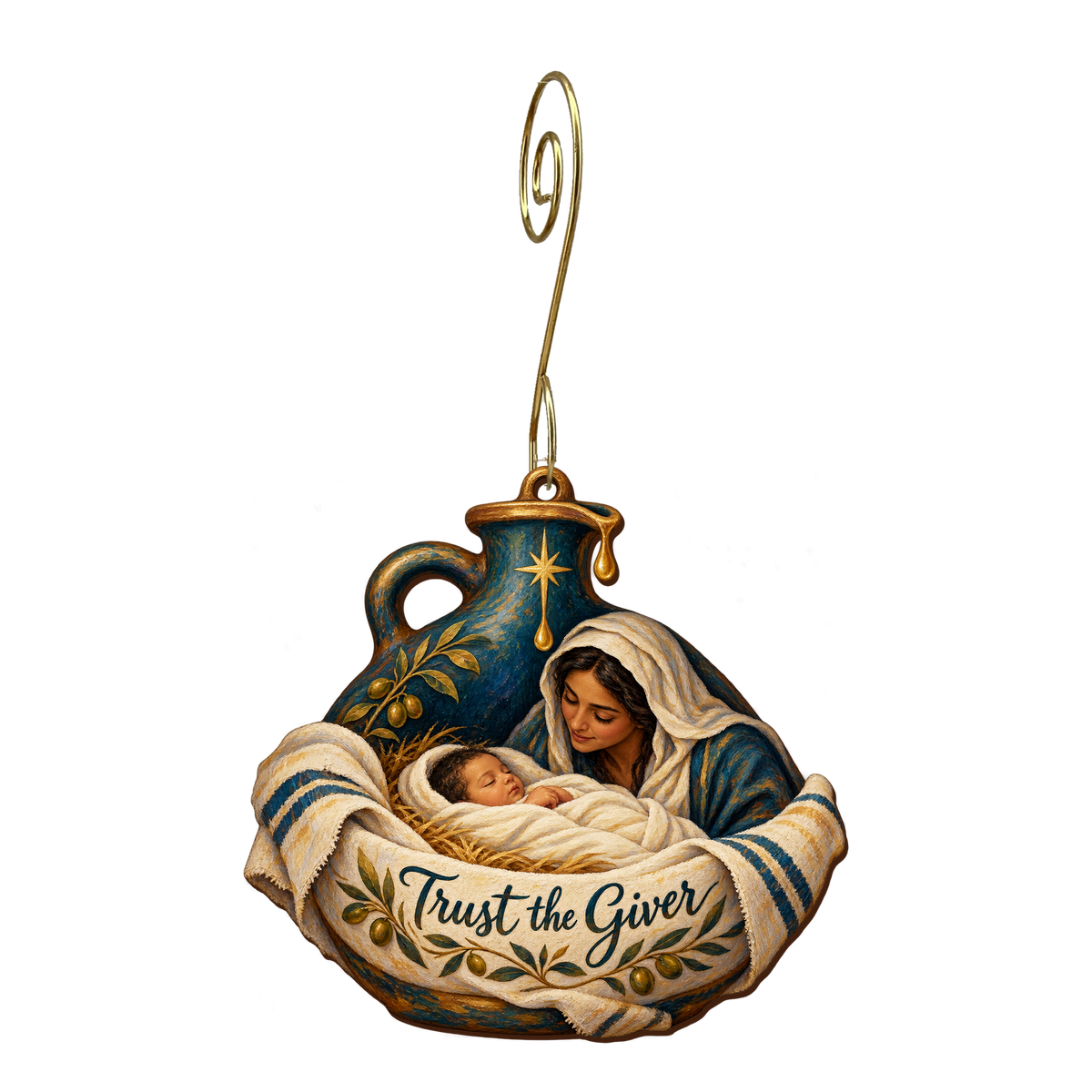O738 — The Last Drop of Hope wooden Nativity ornament with gold spiral hook
