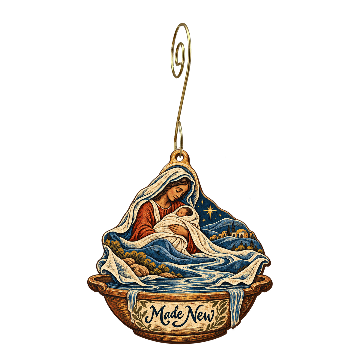 O739 — River Cloth of Renewal wooden Nativity ornament with gold spiral hook