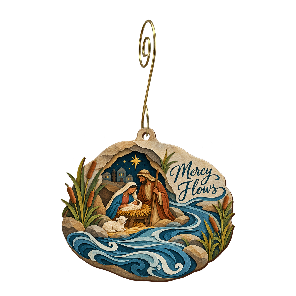 O740 — The Jordan's Pebble wooden Nativity ornament with gold spiral hook