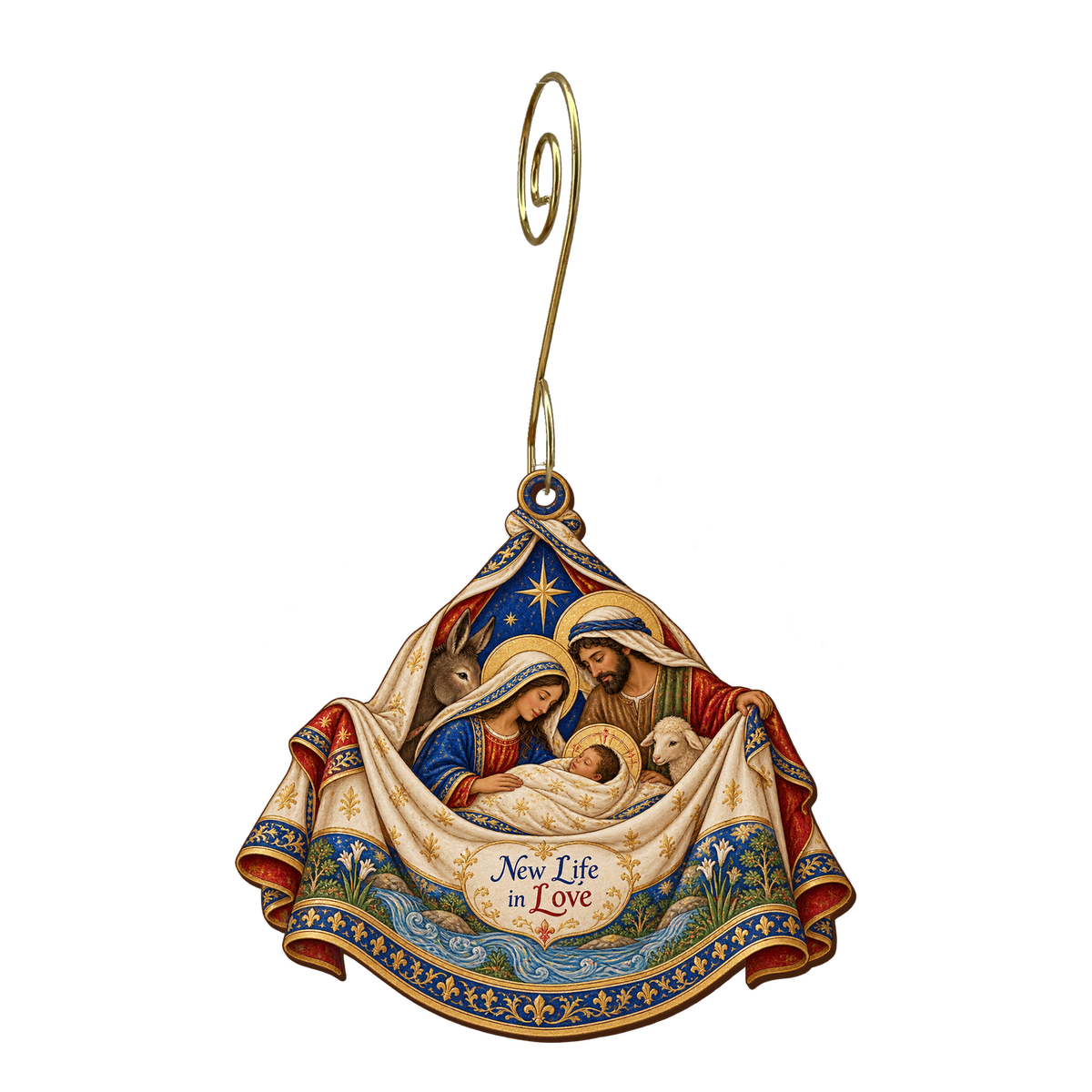 O741 — The Clean Garment wooden Nativity ornament with gold spiral hook