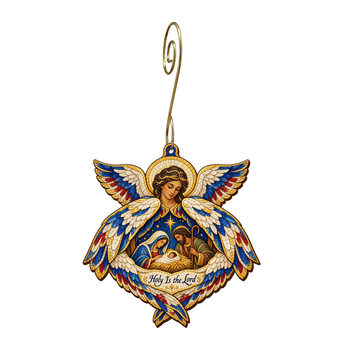 O742 — Six Wings of Wonder wooden Nativity ornament with gold spiral hook