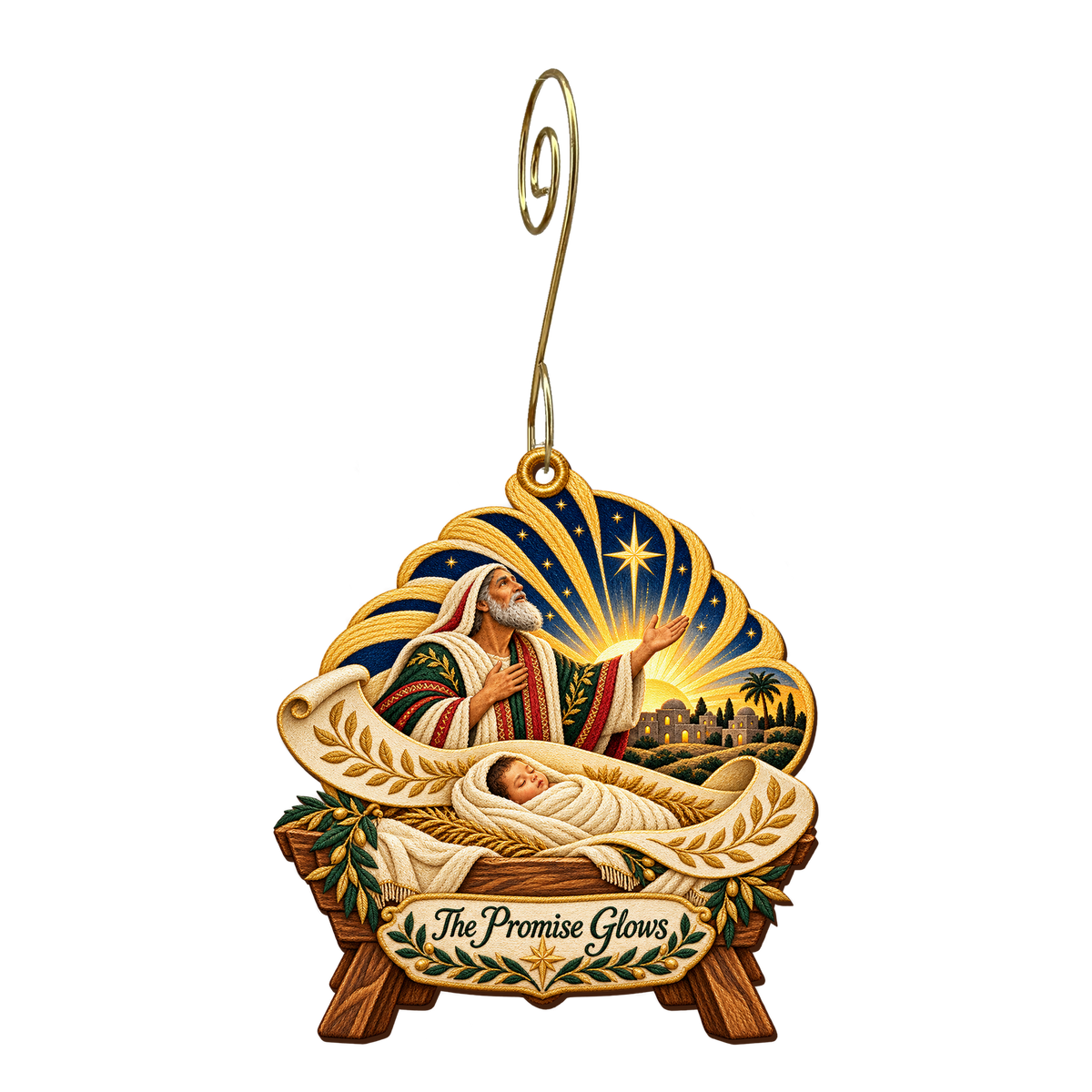 O743 — Isaiah's Christmas Dawn wooden Nativity ornament with gold spiral hook