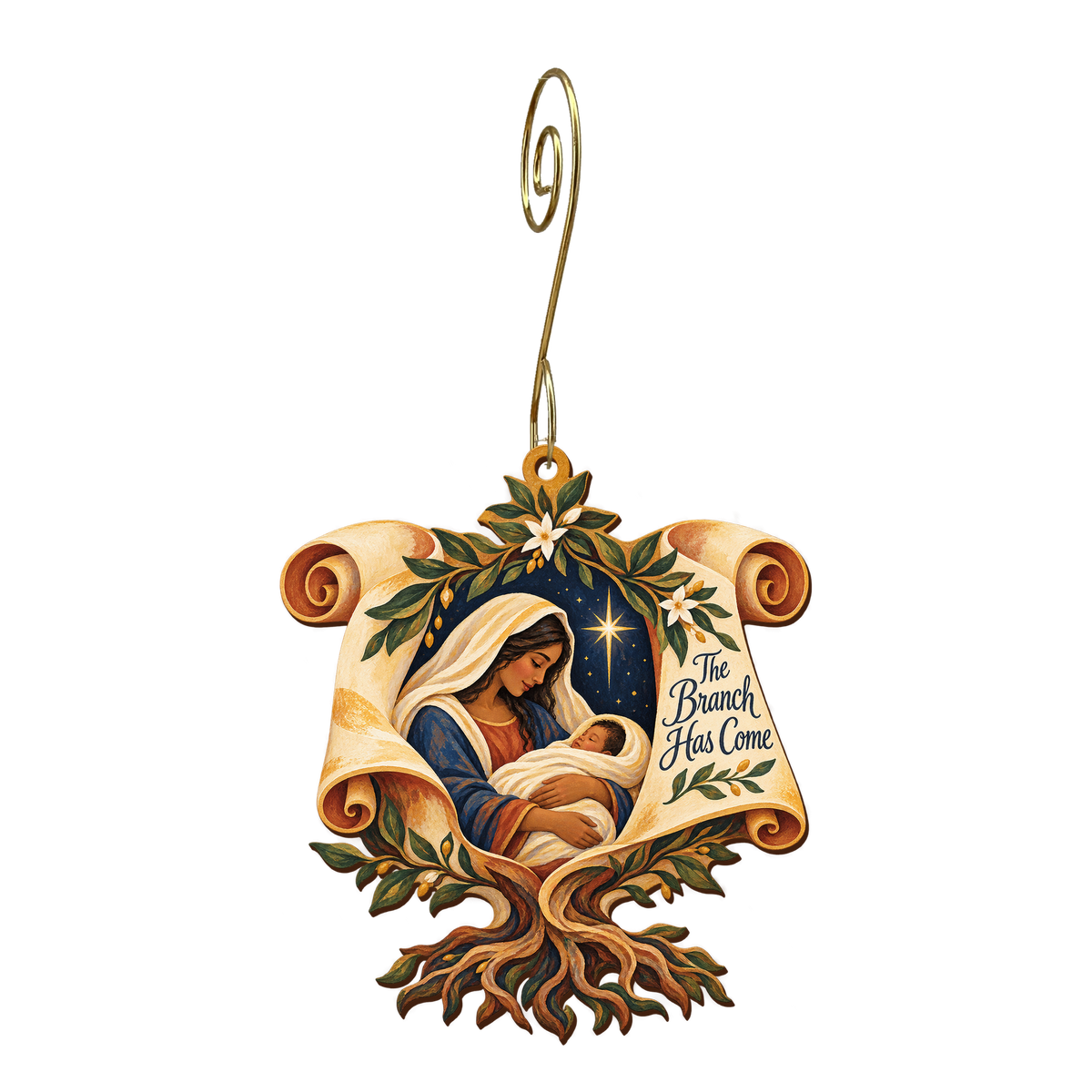 O744 — The Rooted Scroll wooden Nativity ornament with gold spiral hook