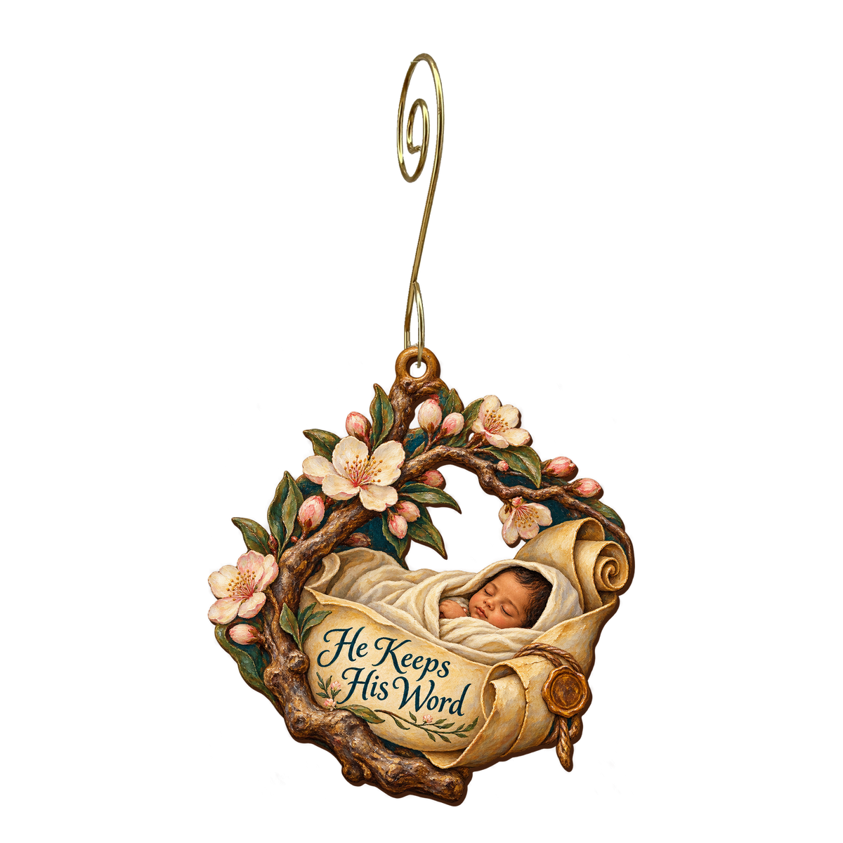 O745 — The Almond Watch wooden Nativity ornament with gold spiral hook