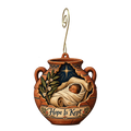 O746 — The Deed in the Jar wooden Nativity ornament with gold spiral hook