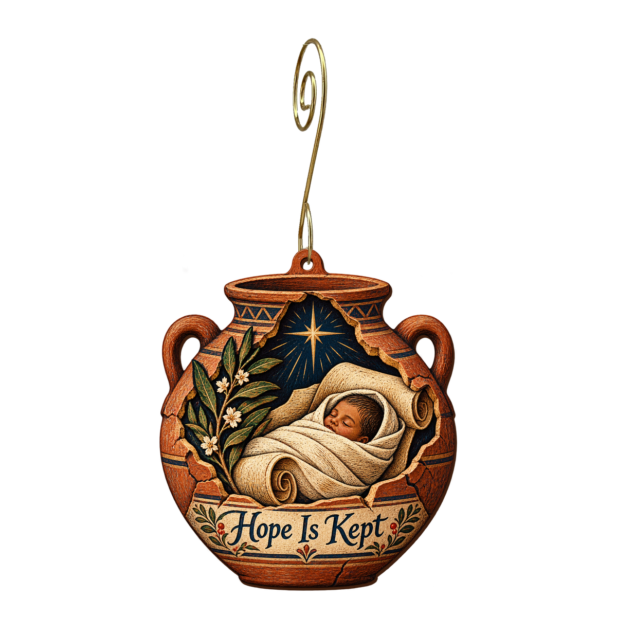 O746 — The Deed in the Jar wooden Nativity ornament with gold spiral hook