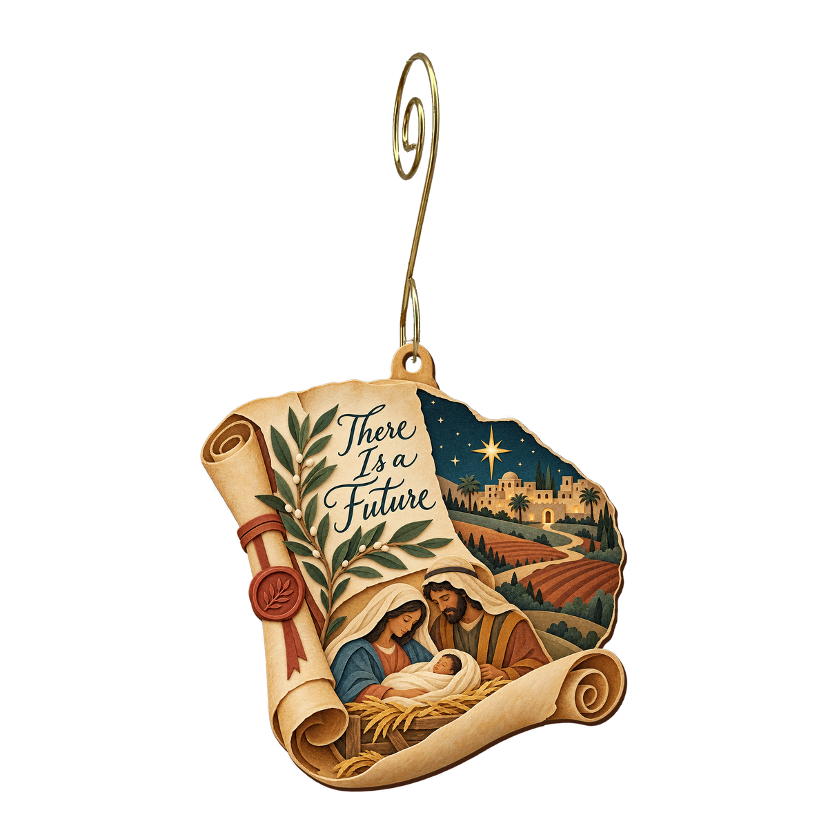O747 — Purchased Field of Promise wooden Nativity ornament with gold spiral hook