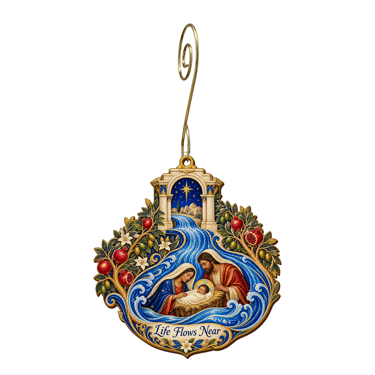 O748 — River from the Threshold wooden Nativity ornament with gold spiral hook