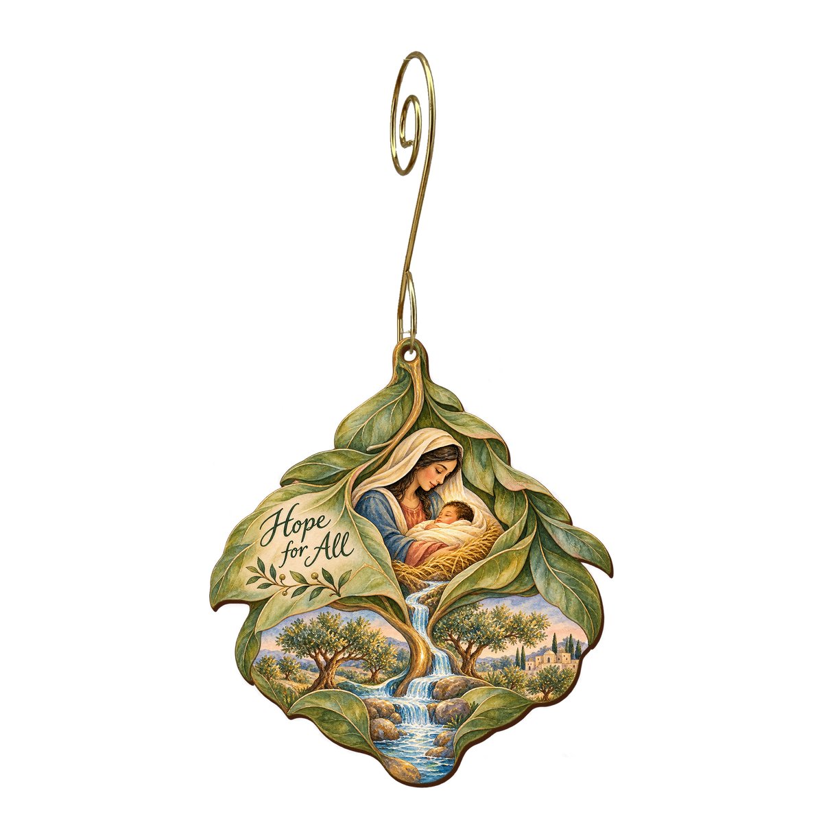 O749 — Leaves for the Nations wooden Nativity ornament with gold spiral hook