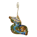 O750 — The River Scroll wooden Nativity ornament with gold spiral hook