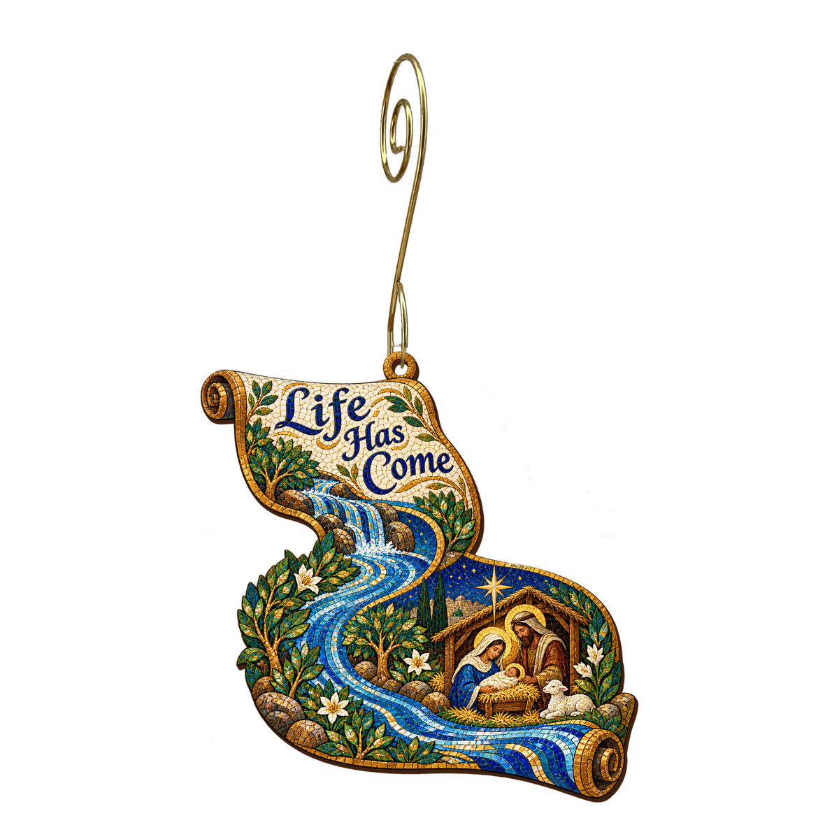 O750 — The River Scroll wooden Nativity ornament with gold spiral hook
