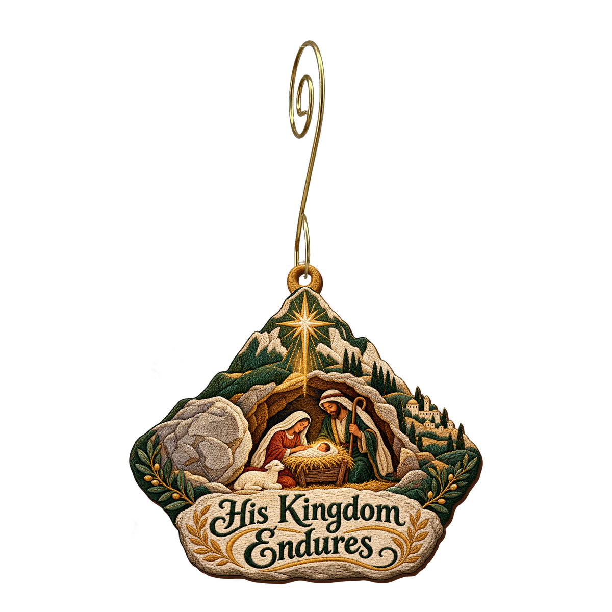 O751 — The Small Stone's Kingdom wooden Nativity ornament with gold spiral hook