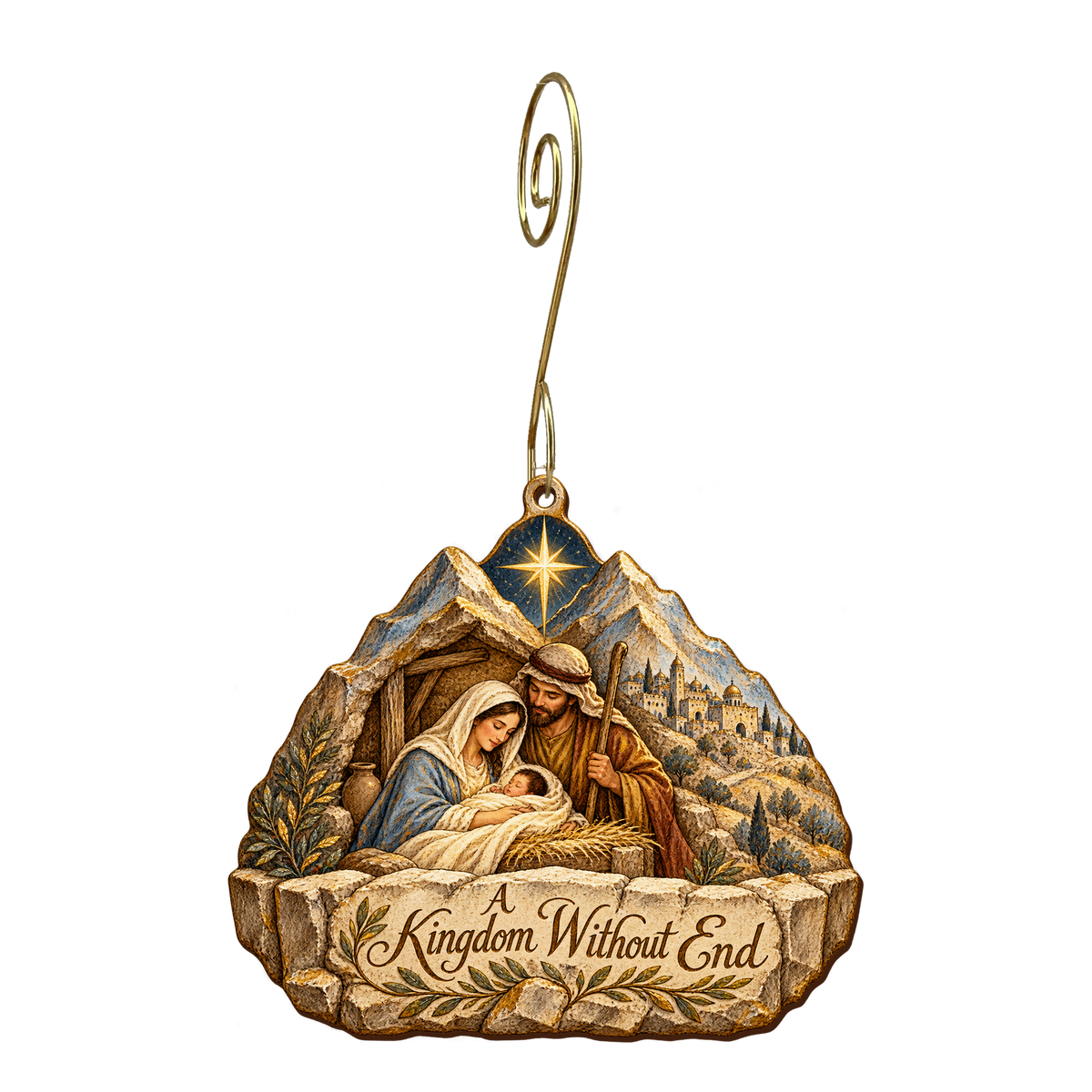 O752 — Mountain around the Manger wooden Nativity ornament with gold spiral hook