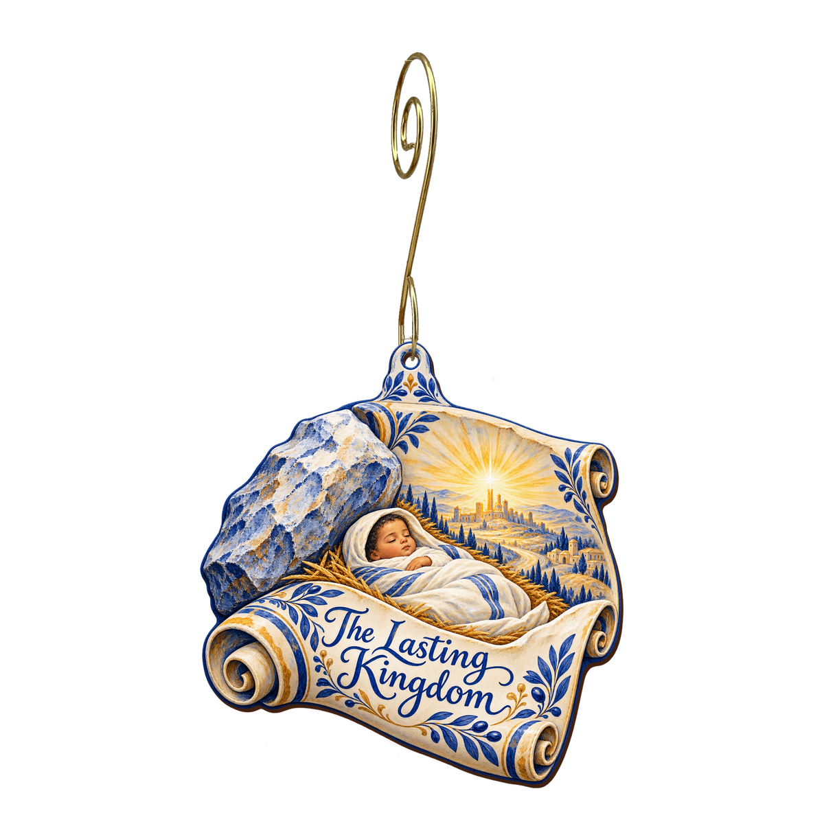 O753 — The Stone and the Scroll wooden Nativity ornament with gold spiral hook