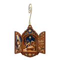 O754 — The Open Prayer Window wooden Nativity ornament with gold spiral hook