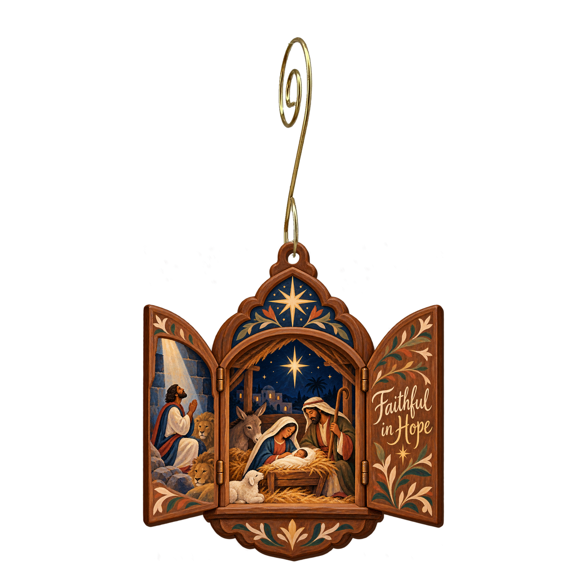 O754 — The Open Prayer Window wooden Nativity ornament with gold spiral hook