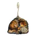 O755 — The Lion's Gentle Guard wooden Nativity ornament with gold spiral hook