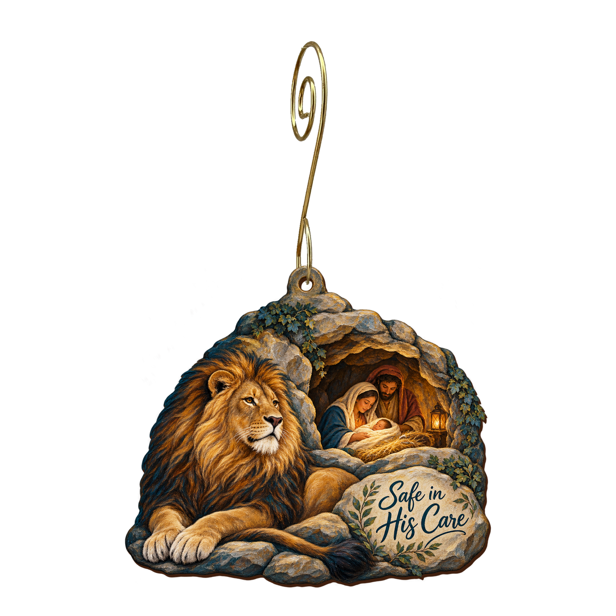 O755 — The Lion's Gentle Guard wooden Nativity ornament with gold spiral hook