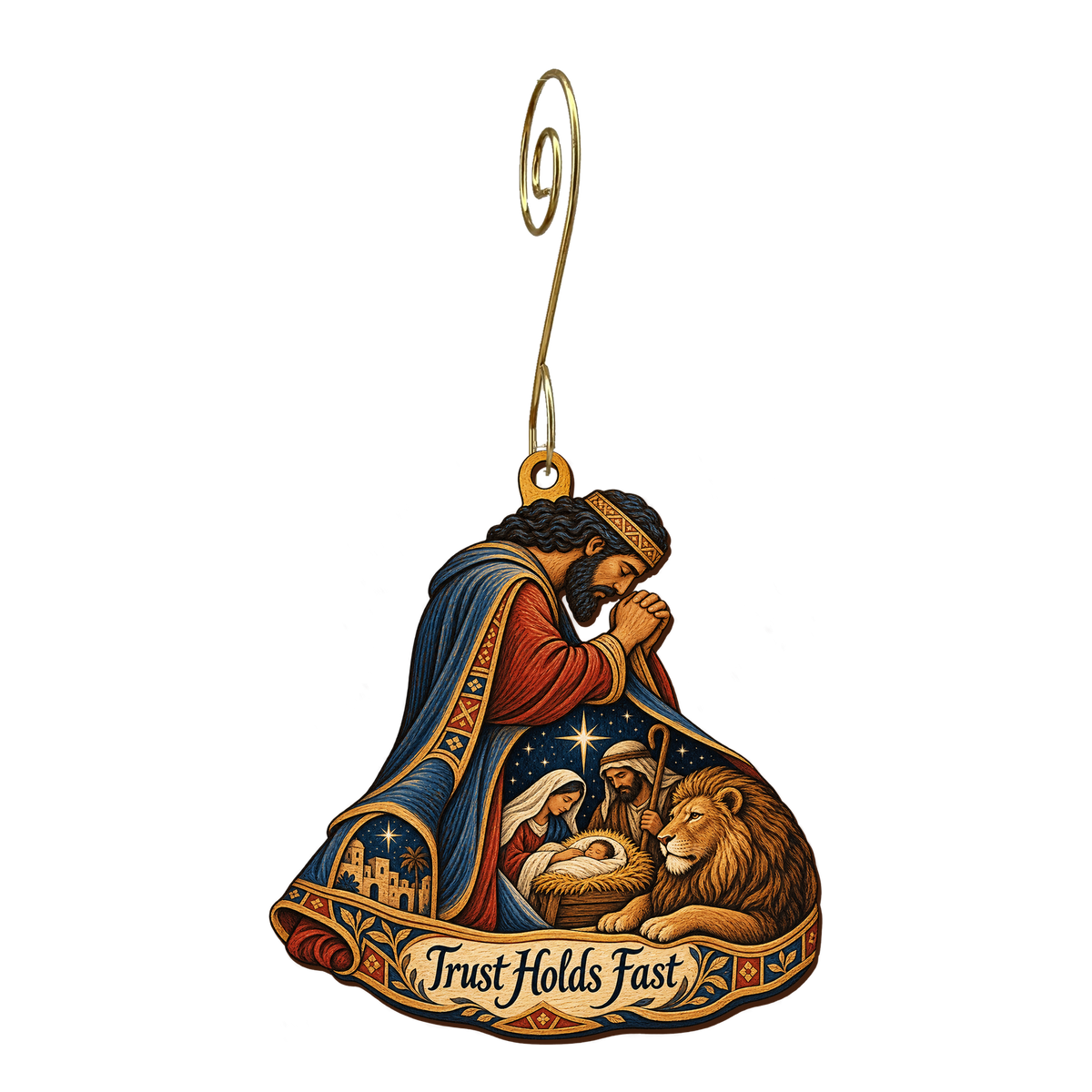 O756 — The Prayer Cloak wooden Nativity ornament with gold spiral hook